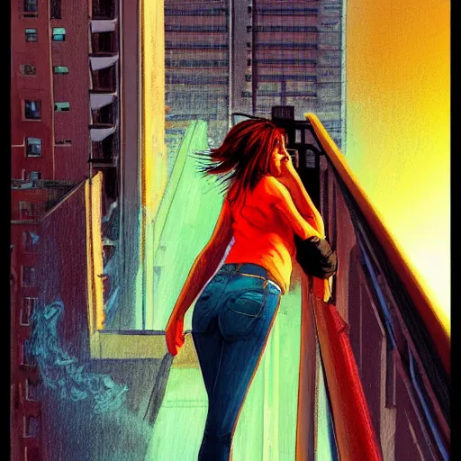 Image similar to a beautiful artwork of a woman with red hair in jeans and a white shirt smoking on the balcony of a hotel at night, top view, neon and rainy theme atmosphere by Jerome Opeña, featured on artstation