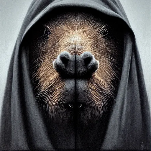 Image similar to a portrait of a capybara wearing a black hood, cloak covering face, anatomically correct, beautiful perfect face, enigmatic, oil painting, matte, black background, volumetric dynamic lighting, highly detailed, cinematic lighting, unreal engine, 8 k, hd, by beksinski