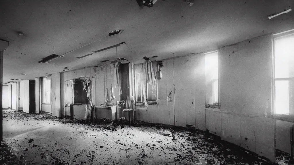 Prompt: 1986 photograph of interior view of a filthy, disused surgical room in a cursed hospital, night, illuminated by flashlight only, unsanitary, dirty, contaminated, liminal, 35mm photo, Fujifilm. Highly detailed, photographic, realistic, dramatic, cinematic