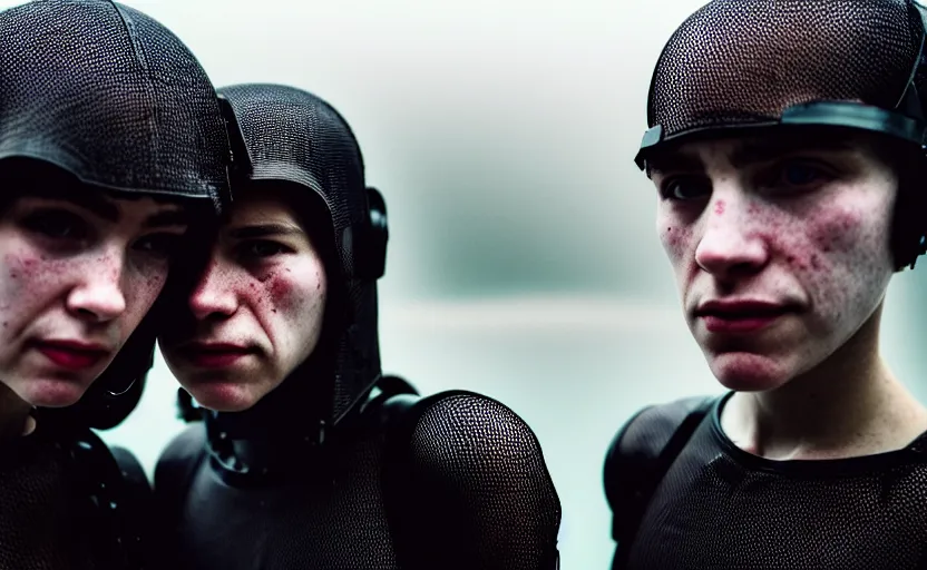 Image similar to cinestill 5 0 d candid photographic portrait by helen levitt of two loving female androids wearing rugged black mesh techwear in treacherous waters, extreme closeup, modern cyberpunk moody emotional cinematic, dust storm, 8 k, hd, high resolution, 3 5 mm, f / 3 2, ultra realistic faces, ex machina