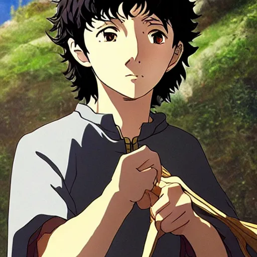 Prompt: frodo design for anime movie by hayao miyazaki, anime portrait