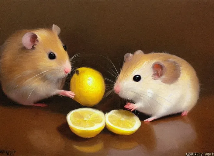 Image similar to a highly detailed beautiful portrait of a cute little hamster eating lemon, by gregory manchess, james gurney, james jean