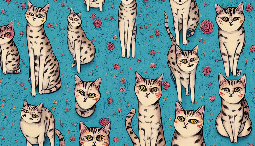 Prompt: artwork of really tall sitting cats by james jean, thick brush, 4 k resolution