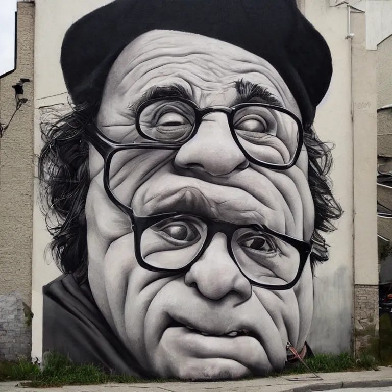 Image similar to Street-art portrait of Danny DeVito in style of Etam Cru, photorealism