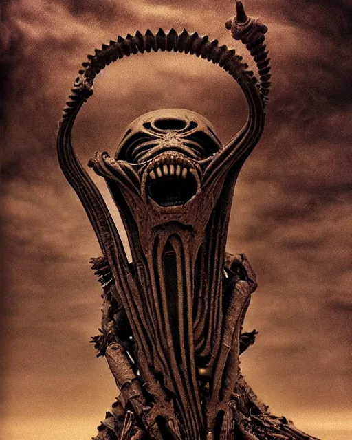 Prompt: dust goliath by h. r giger, beautiful alien desert, violet storm, unusual, cinematic, perfect, highly detailed, masterpiece, award winning