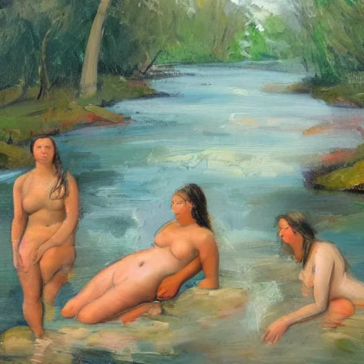 Image similar to The conceptual art depicts four bathers in a stream or river, with two men and two women. The bathers are shown in different positions, with one woman lying down and the other three standing. The conceptual art has a very naturalistic style, with trademark use of bold colors and brushstrokes. The overall effect is one of a peaceful scene, with the bathers enjoying the refreshing water. cool orange by Philip Treacy, by David Burliuk, by Mary Blair