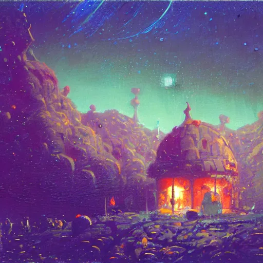 Prompt: a village on Neptune by paul lehr,