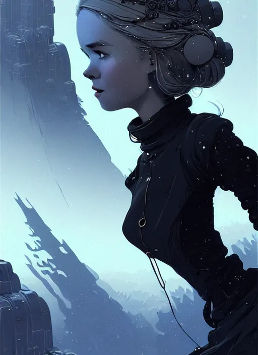 Image similar to highly detailed portrait of a giddy frostpunk long blonde hair lady with short form fitting black dress, stray wiring by atey ghailan, james gilleard, by joe fenton, by greg rutkowski, by greg tocchini, by kaethe butcher, 4 k resolution, gradient blue, black and white color scheme!!! ( ( glaciated robotic dystopian city background ) )