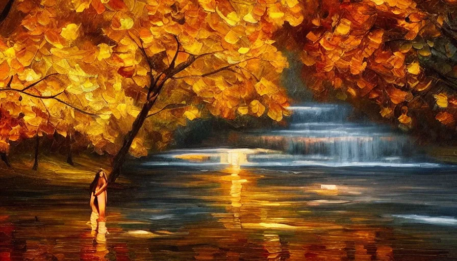 Prompt: an oil painting of a beautiful woman melting into a peaceful river at night, it's autumn and a gentle breeze is moving leaves around, cinematic lighting, establishing shot, art station