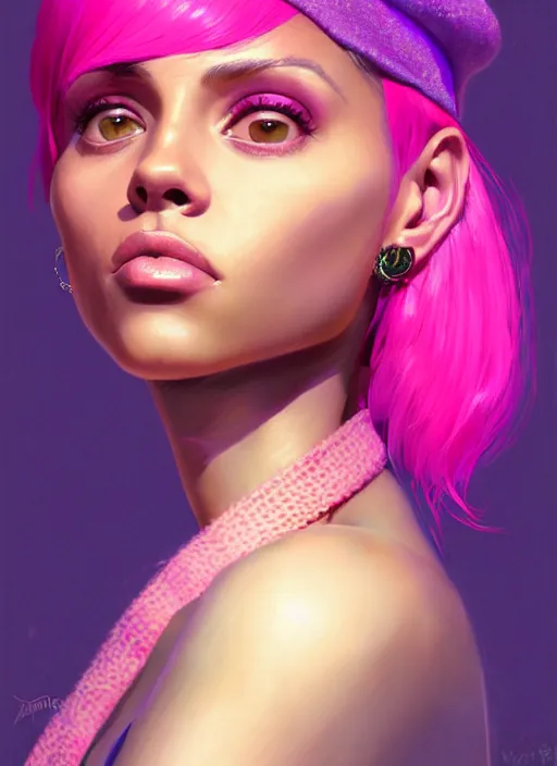 Image similar to portrait of vanessa morgan with bright pink hair, curly pixie cut hair, wearing a purple breton cap, breton cap, hoop earrings, intricate, elegant, glowing lights, highly detailed, digital painting, artstation, concept art, smooth, sharp focus, illustration, art by wlop, mars ravelo and greg rutkowski