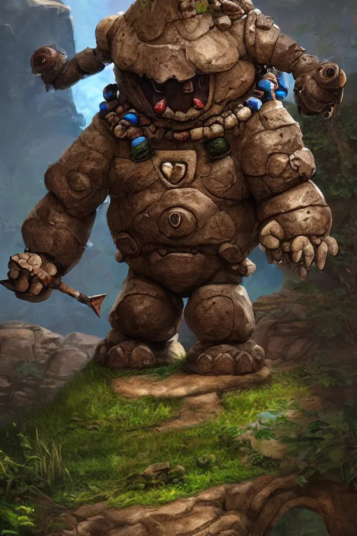 Image similar to zelda fantasy art giant golem troll wood rock greeble gemstone, global illumination ray tracing hdr fanart arstation by sung choi and eric pfeiffer and gabriel garza and casper konefal