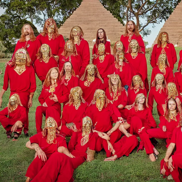 Prompt: photo group portrait of members of esoteric cult in front of red pyramids, restored ektachrome vivid color hyper realistic and detailed, wear red tunics and gold mask and jewels