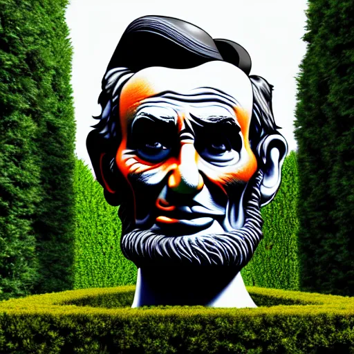 Prompt: a hedge bush masterfully shaped like Abe Lincoln in the center of a hedge maze, 4k, realistic lighting, realistic shadows, unreal engine, ultra high detail, haunting mood