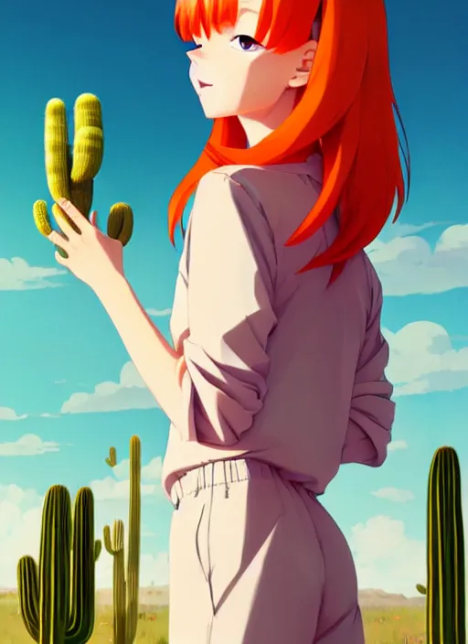 Image similar to portrait of cute redhead girl in orange jumpsuit with fox ears by ilya kuvshinov, holding a cactus, cloudy sky background lush landscape illustration concept art anime key visual trending pixiv fanbox by wlop and greg rutkowski and makoto shinkai and studio ghibli