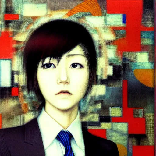 Image similar to yoshitaka amano blurred and dreamy realistic three quarter angle portrait of a young woman with short hair and black eyes wearing office suit with tie, abstract patterns in the background, satoshi kon anime, noisy film grain effect, highly detailed, renaissance oil painting, weird portrait angle, blurred lost edges