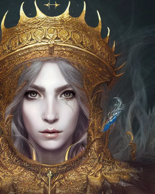 Prompt: highly detailed sharp photorealistic portrait of a beautiful female priestess with shimmering hair, symmetrical face and eyes, dressed in intricate silk and gold,holding sacred scripture, cgsociety, Elden Ring, Dark Souls, Bloodborne