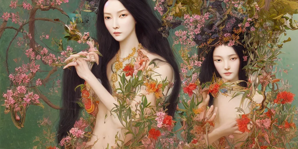 Image similar to breathtaking detailed concept art painting of the goddess of exotic bird, orthodox saint, with anxious, piercing eyes, ornate background, amalgamation of leaves and flowers, by hsiao - ron cheng and john james audubon and miho hirano, extremely moody lighting, 8 k