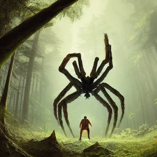 Prompt: an ugly giant spider, beautiful, realistic, atmosphere, vibe, forest, giant webs, ferns, bones, concept art illustration, color page, tone mapping, akihiko yoshida, james jean, andrei riabovitchev, marc simonetti, digital illustration, greg rutowski, volumetric lighting, sunbeams, particles