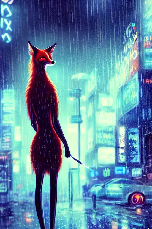Image similar to beautiful portrait of an extremely tall female anthro fox, smoking a cigarette in the rain, towering over the crowds in a wet street of a city, cyberpunk, harsh neon lights, highly detailed, deep shadows, digital painting, shallow depth of field, illustration, art by sakimichan, artgerm