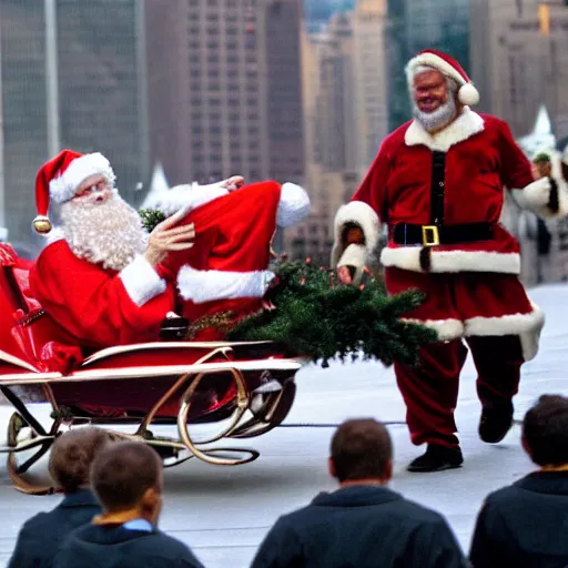 Image similar to santa claus in sleigh crashing directly into world trade center