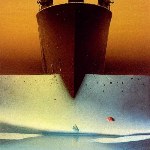 Prompt: an ice gunboat by Zdzisław Beksiński, oil on canvas