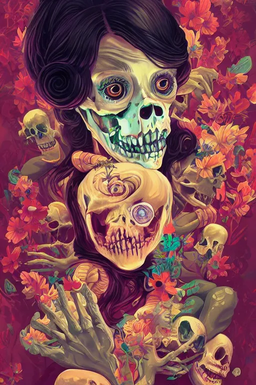 Prompt: a smiling cute zombie woman peeling skeleton skin and wavy hair, tristan eaton, victo ngai, artgerm, rhads, ross draws