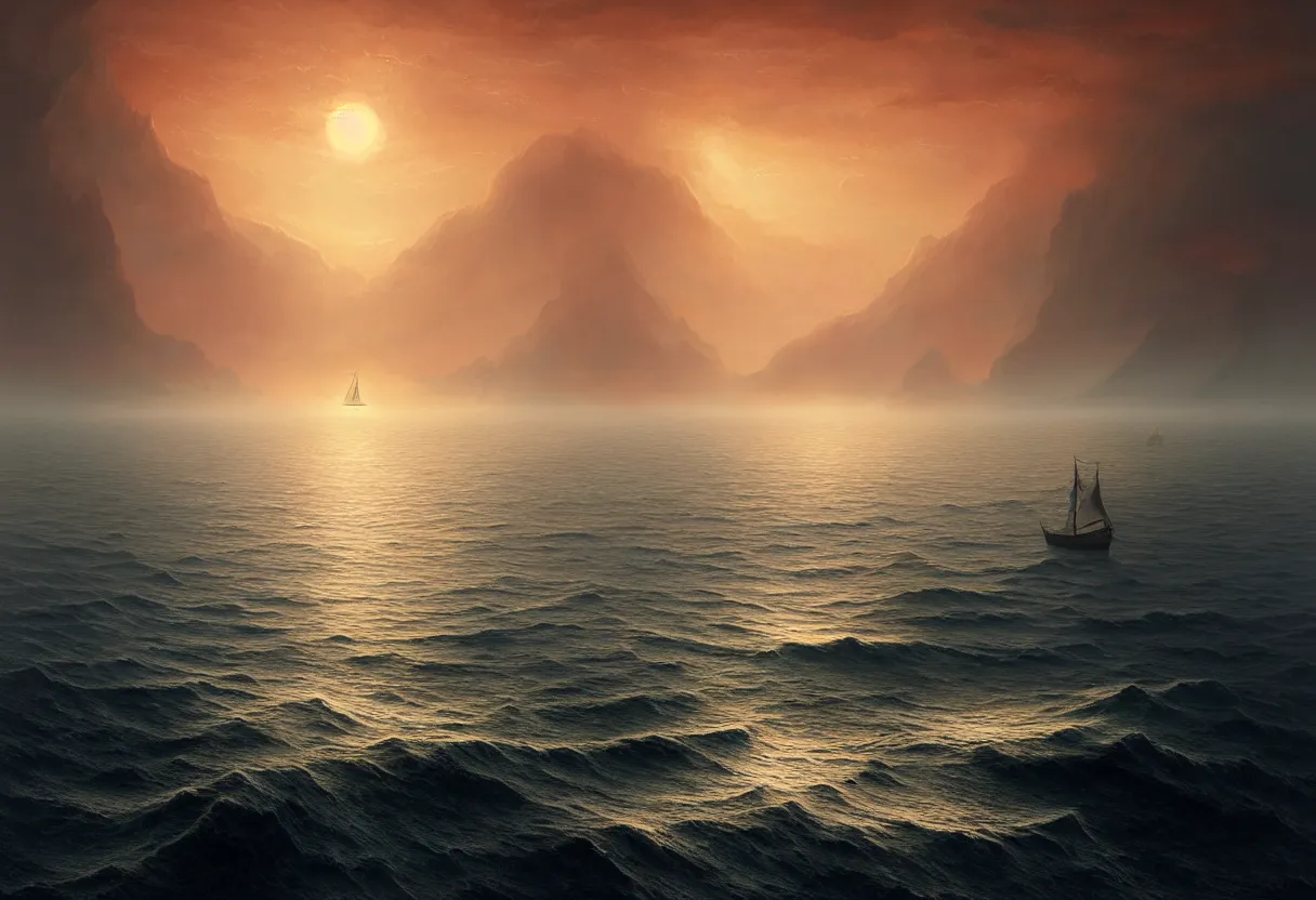 Image similar to strange sea surface of autumn planet at sunset, sailing ship on horizon, ultra high definition, ultra detailed, symmetry, fog, matte painting, by greg rutkowski and ross tran and wlop