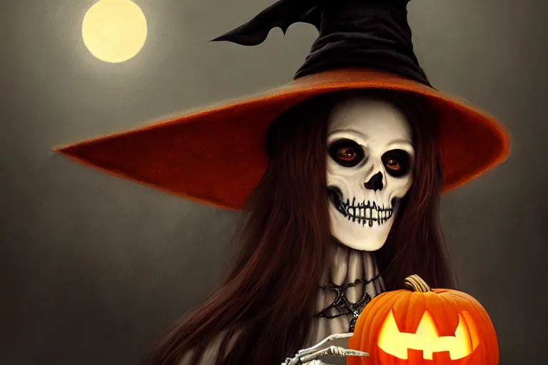 Image similar to portrait of a skeleton with a witch hat holding a jack - o - lantern, halloween night, charlie bowater, artgerm, ilya kuvshinov, krenz cushart, ruan jia, realism, ultra detailed, 8 k resolution