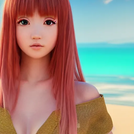 Image similar to Render of a beautiful 3d anime woman, long pink hair, full bangs, hazel eyes, cute freckles, full round face, soft smile, Chinese heritage, cute checkerboard sundress, golden hour, serene beach setting, medium shot, mid-shot, hyperdetailed, trending on Artstation, Unreal Engine 4k