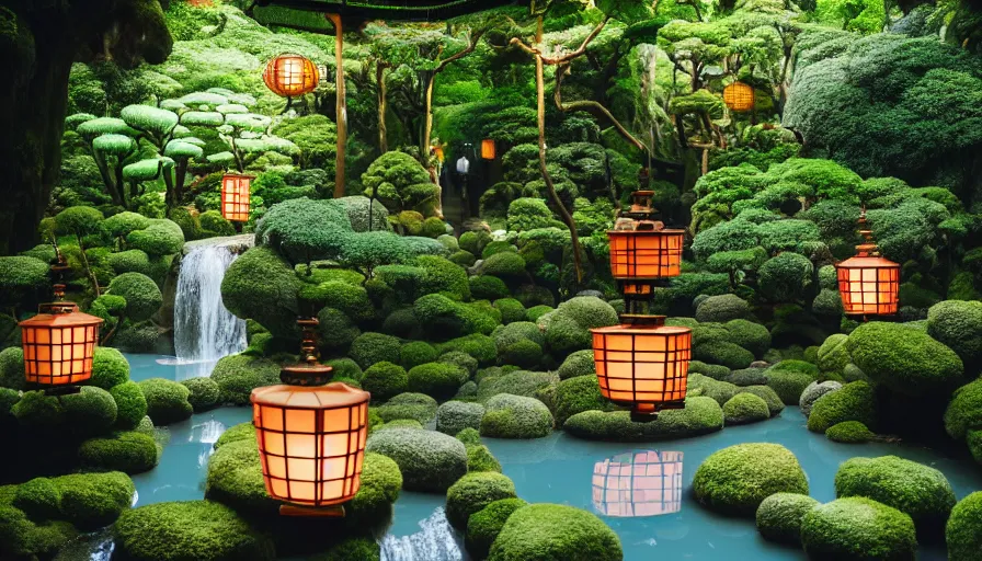 Prompt: a very cozy and surreal magical Japanese temple in a lush waterfall garden, in the style of Gucci and Wes Anderson, photographed by Petra Collins, glowing lights and floating lanterns, magic details, very detailed, 8k, cinematic look
