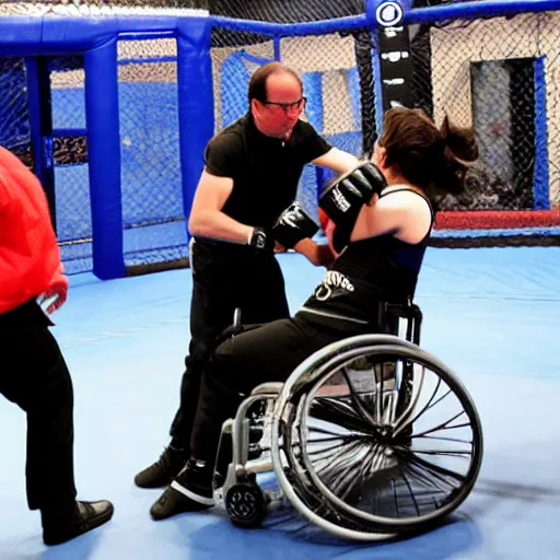 Image similar to François Hollande fighting a teen girl in a wheelchair in a MMA cage fight