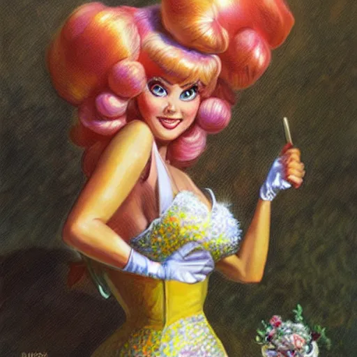 Image similar to Princess Peach, artwork by Earl Norem,