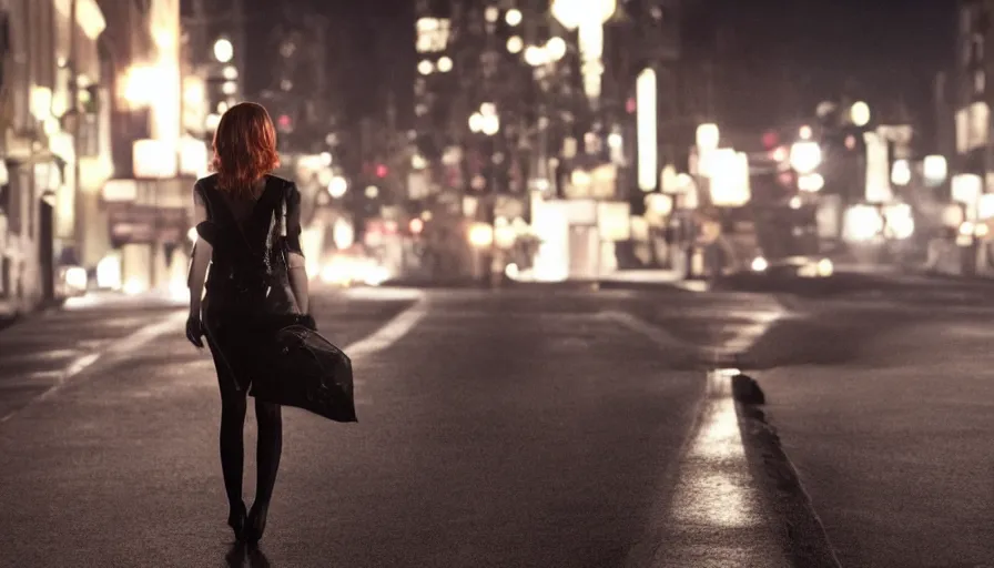 Image similar to charismatic emma stone is looking down a street at night, ambient lighting, cinematic, epic, demonic