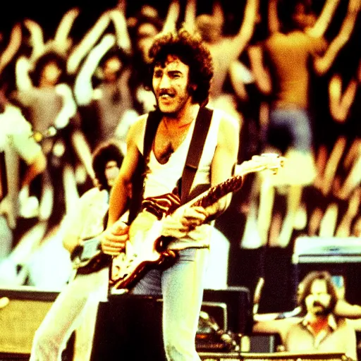 Image similar to 3 5 mm macro photograph of bruce springsteen performing on stage with the grateful dead in 1 9 7 7