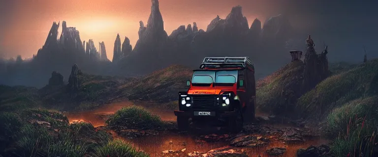 Image similar to Land Rover Defender 110 (1985), an epic fantasy, dramatic lighting, cinematic, establishing shot, extremely high detail, photorealistic, cinematic lighting, artstation, by simon stalenhag, The Elder Scrolls V: Skyrim, Whiterun Hold, Dragonsreach distantly seen