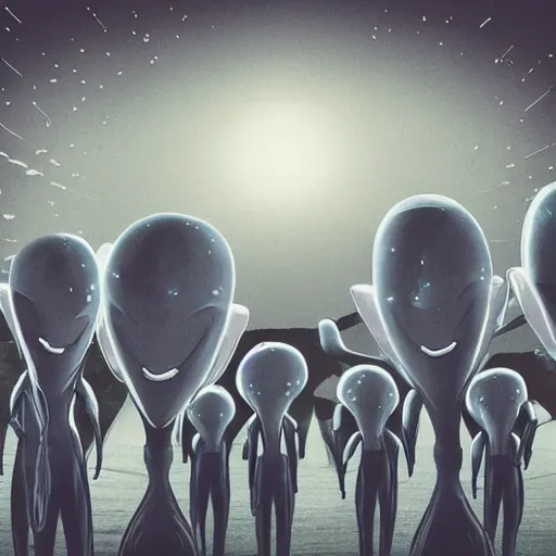 Prompt: Gray aliens pointing with their mouths open and a glowing spaceship in the background