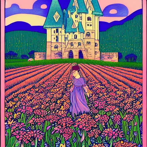 Prompt: a beautiful painting of a large organic castle walking in a field of flowers by Audrey kawasaki and James jean