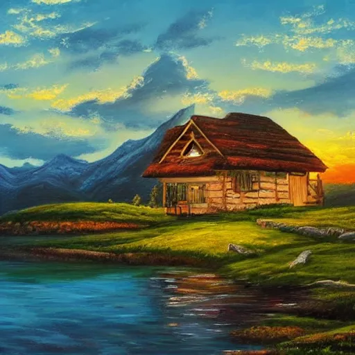 Image similar to a landscape with a lake in the mountain. sunset. cottage. acrylic painting. 4 k. very detailed. trandint on artstation. masterpiece. shadows.