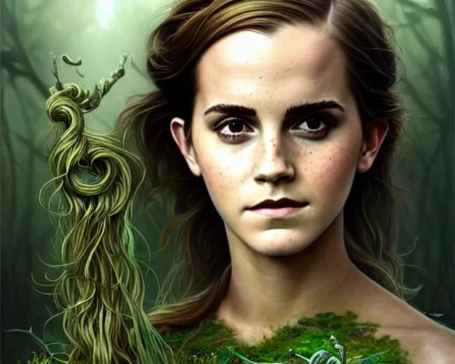 Image similar to mindblowing portrait of emma watson as a swamp witch, green colored skin!!, holding caduceus, messy hair, deep focus, d & d, fantasy, intricate, elegant, highly detailed, digital painting, artstation, concept art, matte, sharp, illustration, hearthstone, art by artgerm and greg rutkowski and alphonse mucha