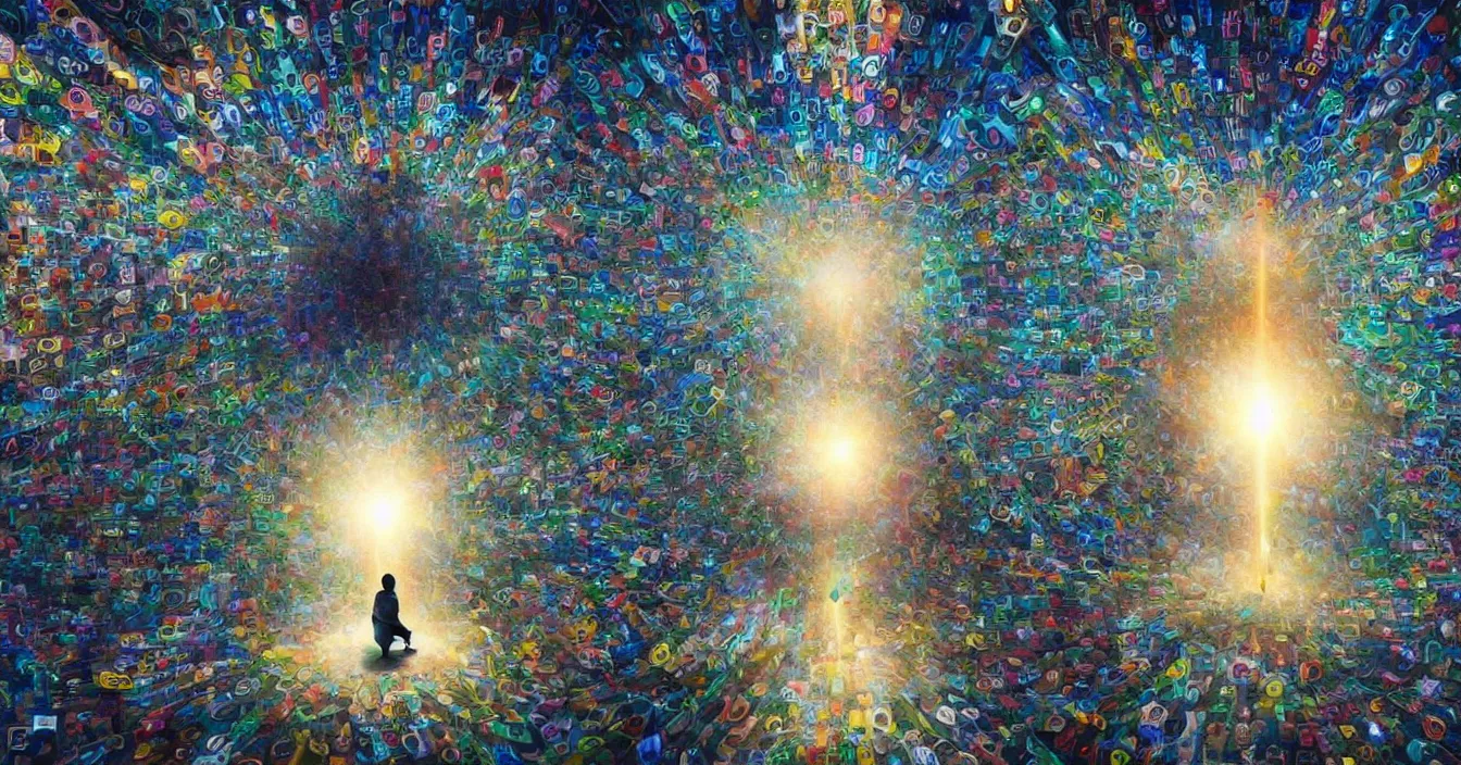 Prompt: crowd of human egos are trapped in the illusion of physical reality, sitting in a front of wide screen of life, where the light of consciousness project their destiny, realistic image full of sense of spirituality, life meaning, meaining of physical reality, happy atmosphere, beautiful concept art, super detail