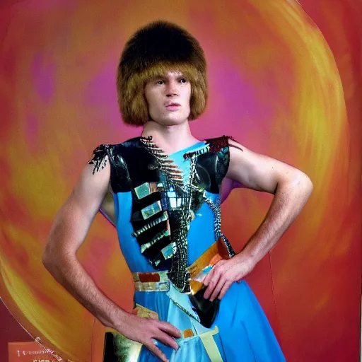 Image similar to davis taylor brown dressed in 1 9 8 1 space fantasy fashion