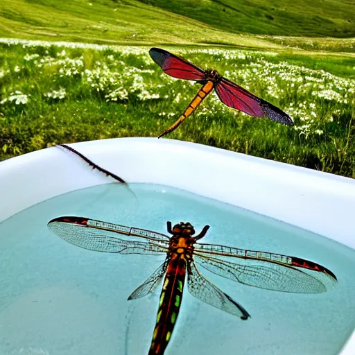 Image similar to dragonfly in a bathtub in the alps, sheep!!! in background