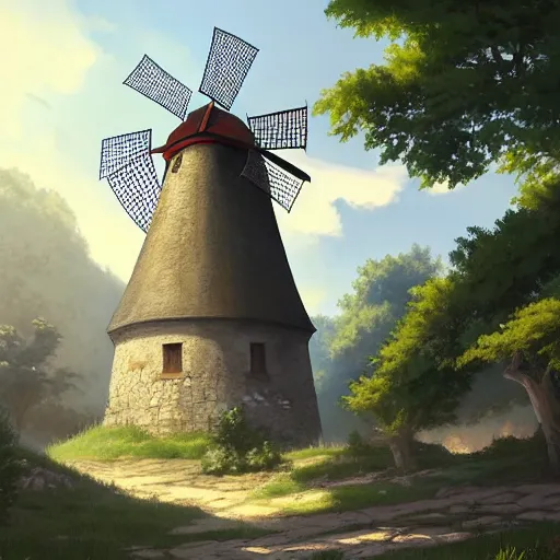 Prompt: concept art painting of a historic windmill with european and japanese architecture, in a small medieval village surrounded by trees, in a mountain valley, realistic, detailed, cel shaded, in the style of makoto shinkai and greg rutkowski and james gurney