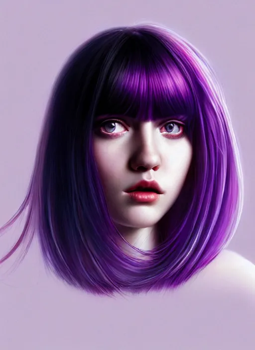 Image similar to hair whitebangs hair, black hair, whitebangs, portrait of teenage girl with white bangs, red irises, purple clothes, white bangs, bangs are different color from hair, intricate, elegant, glowing lights, highly detailed, digital painting, artstation, concept art, smooth, sharp focus, illustration, art by wlop, mars ravelo and greg rutkowski