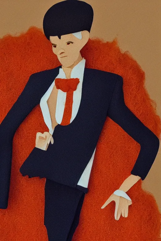 Image similar to a scene depicting a orange haired elegant character wearing a voluminous suit made from linen and transparent plastic, acrylic, super detailed, soft light