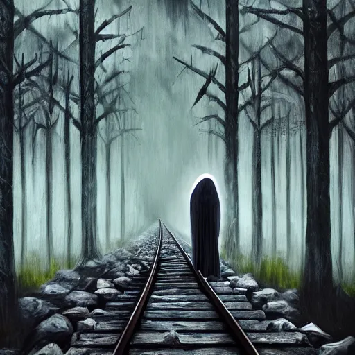 Prompt: ominous bedsheet ghost standing on train tracks in the forest, oil painting, brush strokes, gloomy foggy atmosphere, symmetrical, full body image, highly ornate intricate details,