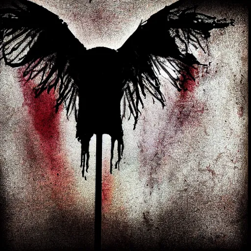 Image similar to a dying devil with tar drip wings standing in the shade of the backlit cosmic light, rich decaying bleeding colors