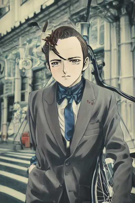 Prompt: Kodak portra 160, 8K, highly detailed, seinen manga 3/4 closeup portrait, eye contact, focus on art nouveau suit, tilt shift background: famous artist in syd mead anime remake, Bicycle scene