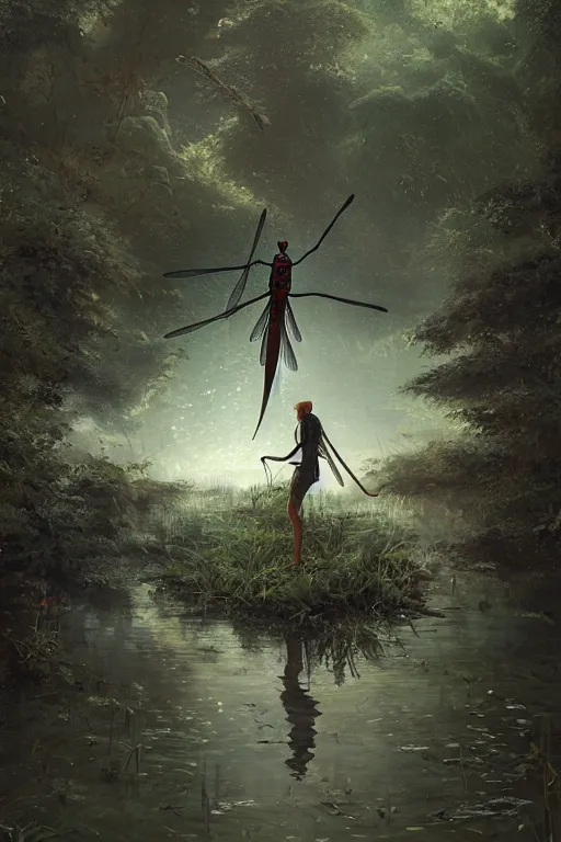 Image similar to a portrait of a dragonfly above a pond by Greg Rutkowski, Sung Choi, Mitchell Mohrhauser, Maciej Kuciara, Johnson Ting, Maxim Verehin, Peter Konig, final fantasy , mythical, 8k photorealistic, cinematic lighting, HD, high details, atmospheric,