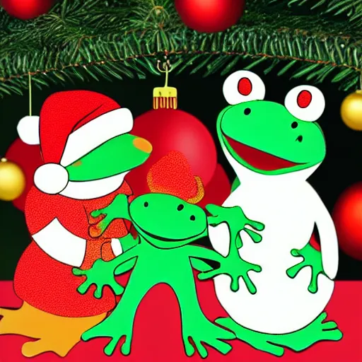 Prompt: two frogs dancing with a pig underneath of a Christmas tree